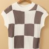 Chic Women's Khaki Checkered Color Block Crew Neck Short Sleeve Sweater - Image 8