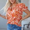 Women's Orange Floral Print Ruffled Short Puff Sleeve Split Neck Blouse - Image 5