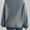 Women's Striped Lantern Sleeve Drop Shoulder Cozy Sweater - Sail Blue - Image 2