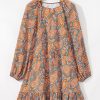 Women's Orange Paisley Print Loose Fit Drawstring High Waist Mini Dress - Image 6