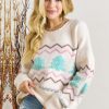 Women's White Striped Christmas Tree Drop Shoulder Sweater with Ribbed Trim - Image 6