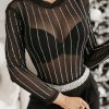 Women's Black Rhinestone Decor Striped Mesh Long Sleeve Bodysuit for Night Out - Image 2