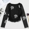 Elegant Women's Black Floral Mesh Long Sleeve Top with Lettuce Edge - Image 10