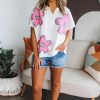 Women's White Floral Applique Notched V Neck Dolman Sleeve Top - Casual Summer Style - Image 3