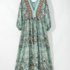 Women's Green Boho Floral Print Lace-up Open Back High Waist Maxi Dress - Image 6