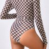 Women's Brown Checkered High Neck Long Sleeve Bodysuit - Image 2