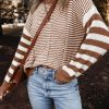 Women's Brown Stripe Geometric Textured Drop Shoulder Sweater - Image 2