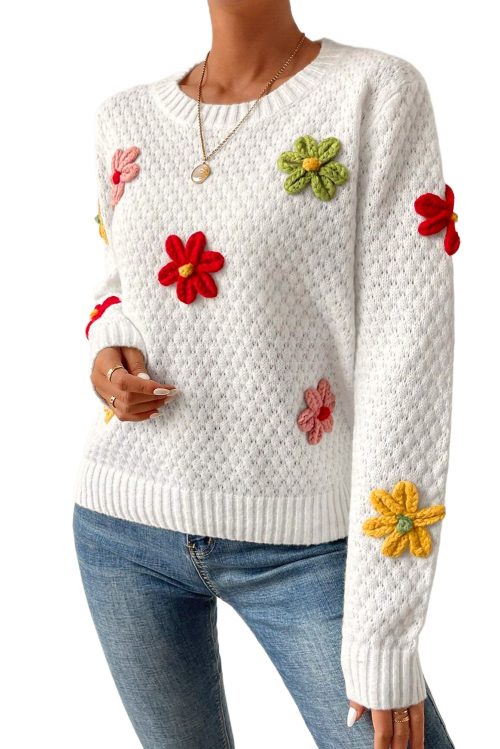 Women's White Colorful Flower Applique Textured Knit Sweater