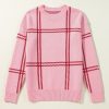 Women's Pink Plaid Pattern Knitted Drop Shoulder Sweater - Cozy and Stylish - Image 7