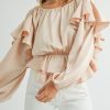 Women's Oatmeal Lace-up Keyhole Back Ruffled Peplum Blouse – Elegant Long Sleeve Top - Image 2