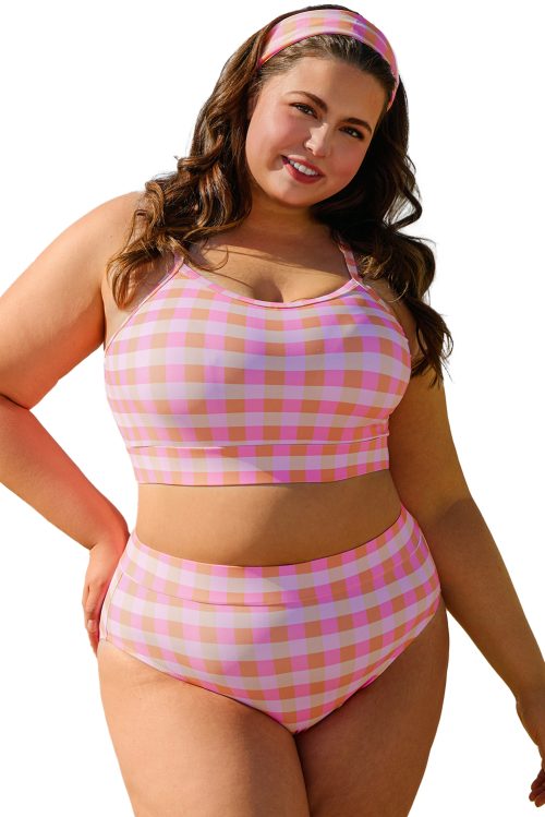 Stylish Pink Plus Size Plaid Print High Waist Bikini Set for Beach Days