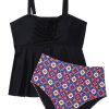 Plus Size Women's Black Drawstring Tied Front Flared Tankini Set with Geometric Print Bottom - Image 10