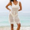 Women's White Crochet Fishnet Fringed Edge V Neck Beach Cover Up for Summer - Image 9