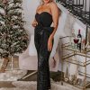 Women's Black Sequined Tube Top Wide Leg Jumpsuit with Waist Knot - Image 3