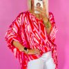 Women's Red Abstract Print V Neck Batwing Sleeve Oversized Blouse - Stylish and Lightweight - Image 2