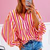 Women's Orange Stripe Balloon Sleeve Notched V Neck Blouse with Buttoned Front - Image 3