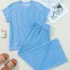 Women's Blue Solid Corded Knit Short Sleeve T-Shirt and Wide Leg Pants Set - Image 6