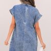 Women's Beau Blue Tie V Neck Denim Shift Dress with Tucking Detail and Pockets - Image 2