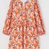 Plus Size Orange Floral Print Split V Neck Bubble Sleeve Midi Dress - Image 8