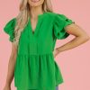 Women's Bright Green Double Ruffle Sleeve Peplum Blouse - Flattering V Neck Top - Image 11