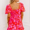 Women's Red Floral Bubble Sleeve Sweetheart Neck Ruffled Mini Dress - Image 2