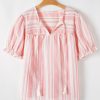 Chic Pink Stripe Plus Size Blouse with Puff Sleeves and Tassel Tie Detail - Image 6