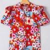 Women's Brown Flower Print Self Tie Frilled Collar Puff Sleeve Blouse - Image 13