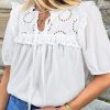 Women's White Embroidered Lace Patchwork Tie Neck Puff Short Sleeve Blouse - Image 12