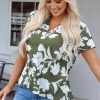 Chic Women's Green Floral Print Short Sleeve Blouse with Split Neck Design - Image 6