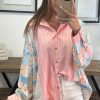 Women's Pink Stripe Floral Patchwork Tunic Shirt - Chic Loose Fit Design - Image 3