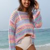 Women's Purple Multi Stripe Open Knit Sweater Beach Cover Up - Image 8