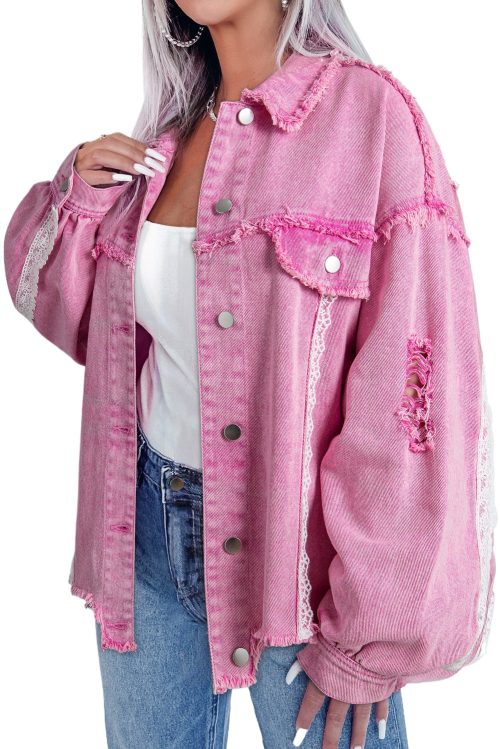 Women's Pink Lace Patchwork Distressed Denim Jacket