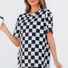 Women's Black Western Fashion Checkerboard Print Side Split T-Shirt - Image 4