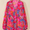 Plus Size Women's Rose Tropical Printed Lantern Sleeve V Neck Ruffled Mini Dress - Image 3