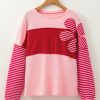 Trendy Women's Pink Floral Patch Color Block Top with Striped Sleeves - Image 5