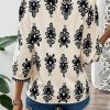 Women's Beige Vintage Geometric Printed 3/4 Sleeve V Neck Blouse - Image 2