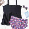 Plus Size Women's Black Drawstring Tied Front Flared Tankini Set with Geometric Print Bottom - Image 8