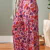 Women's Purple Floral Wide Leg Pants - Elastic High Waist for Comfort - Image 3