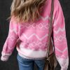 Women's Pink Aztec Geometric Drop Shoulder Casual Sweater - Image 2