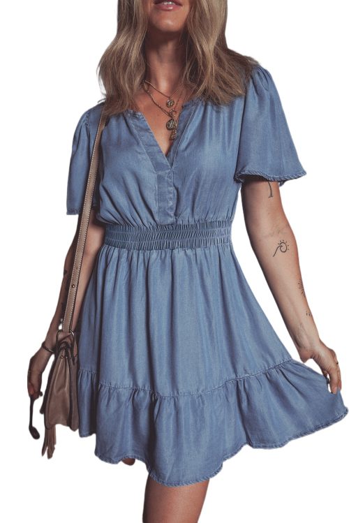 Women’s Ashleigh Blue Ruffled V Neck Smocked High Waist Denim Mini Dress