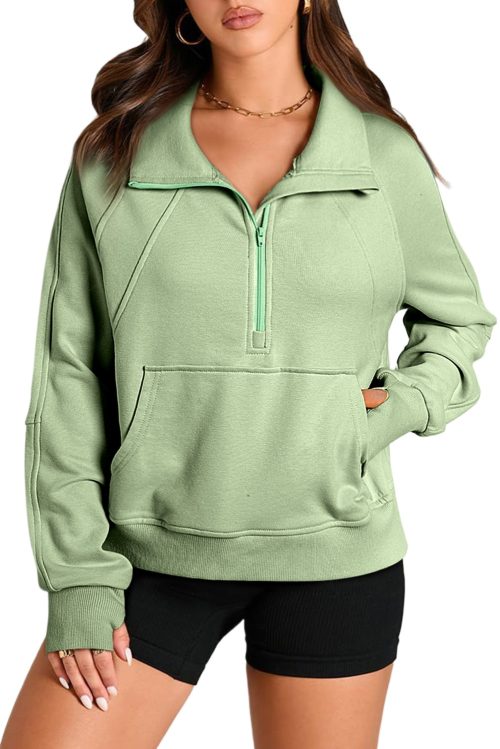 Women's Smoke Green Quarter Zip Stand Neck Sweatshirt with Kangaroo Pocket