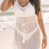 Women's White Crochet Fishnet Fringed Edge V Neck Beach Cover Up for Summer - Image 11