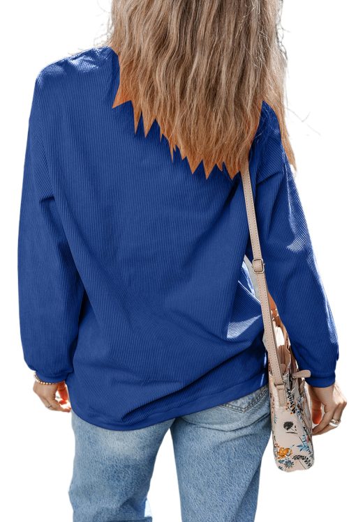 Women's Dark Blue Chenille Checkered Game Day Graphic Drop Shoulder Sweatshirt