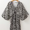 Women's Black Leopard Print Elasticated V Neck 3/4 Puff Sleeve Mini Dress - Image 6