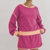 Women's Rose Red Color Contrast Loose Pullover & Lace-Up Waist Skort Set - Image 6