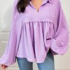 Women's Phalaenopsis Corded V Neck Bubble Sleeve Babydoll Blouse - Image 3