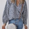 Women's Elegant Blue Floral Print Notched V Neck Puff Sleeve Blouse - Image 3