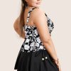 Black Plus Size Printed Square Neck Drawstring Ruffled Tankini Set for Women - Image 12