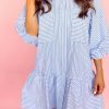 Women's Sky Blue Stripe Bubble Sleeve Chest Pockets Buttoned Shirt Dress - Image 2