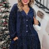 Women's Navy Blue Plus Size Textured Velvet Tiered V Neck Dress - Image 13